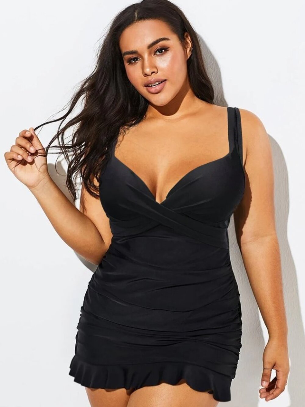 Plus Size Black V-Neck Twist Front Underwire Swimdress